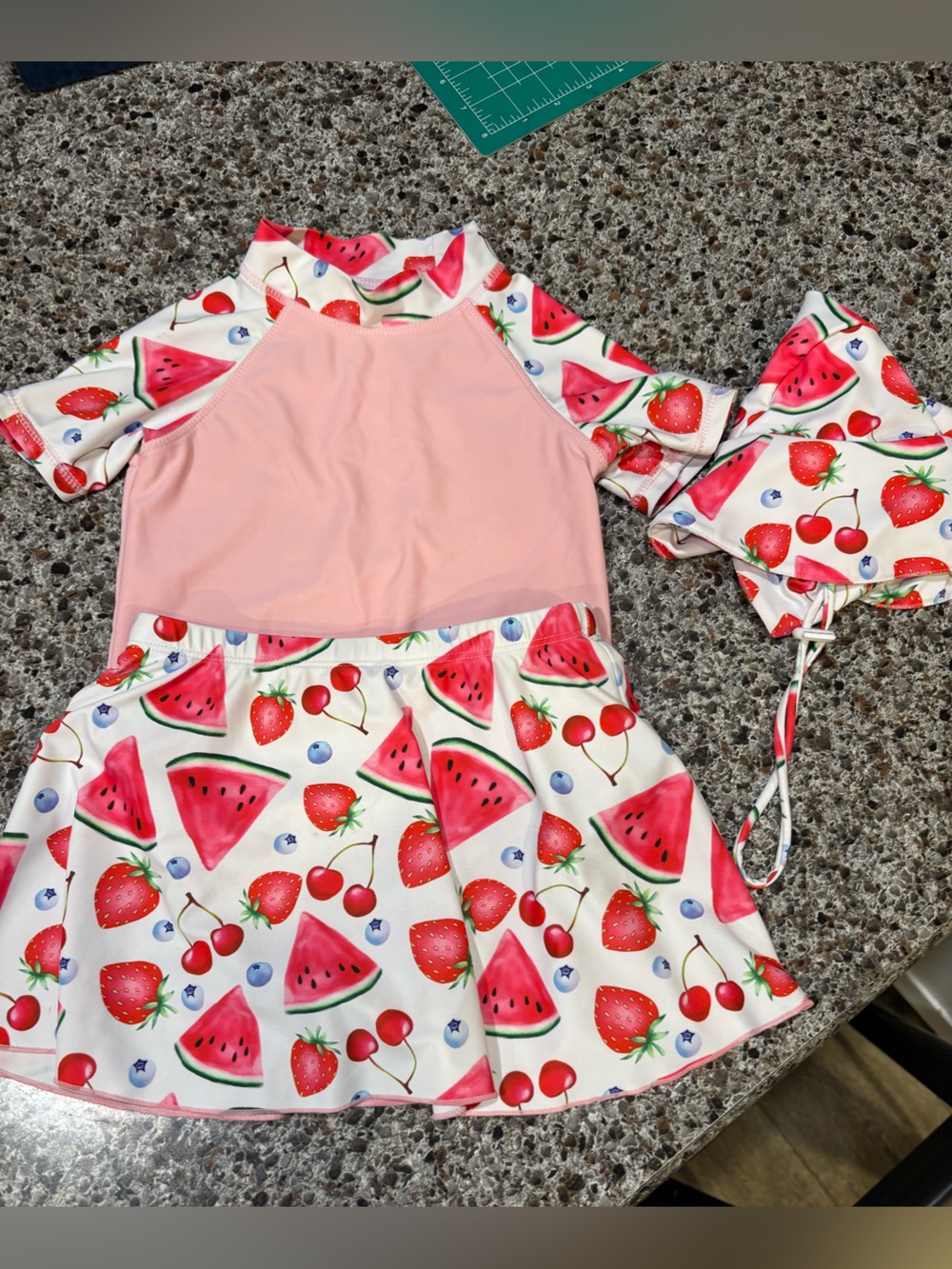 SHEIN Pink & White Fruit Print Girls' Swim Dress with Matching Cap